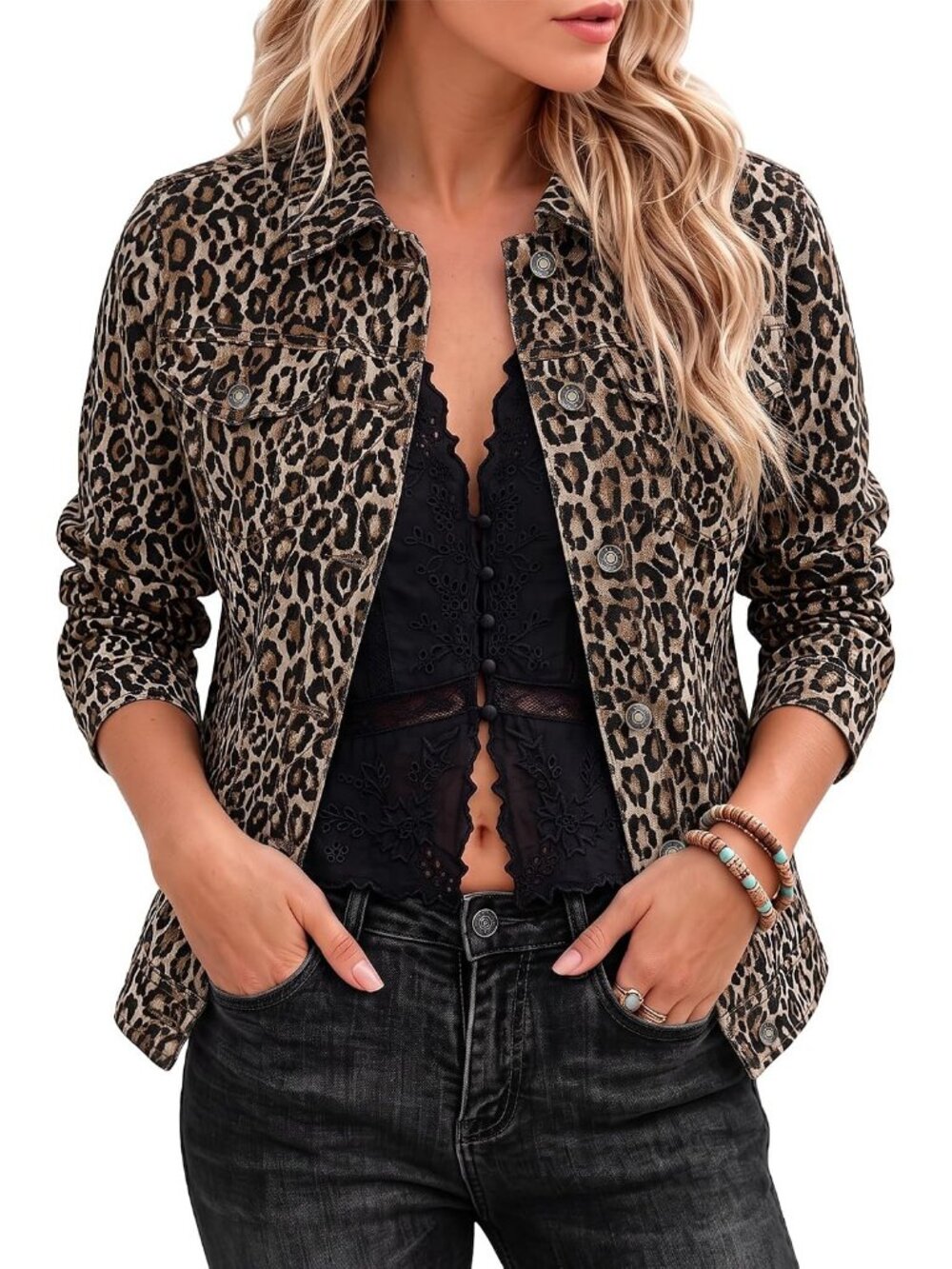 Women's Khaki Leopard Print Long Sleeve Western Denim Button Down Jacket